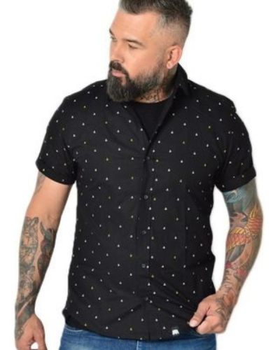 Camisa Social Masculina Preta Estampada Âncoras Manga Curta