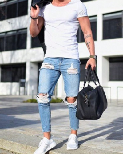 Calça Denim Masculina Skinny Rasgada com Joelho Cortado Estilo Biker